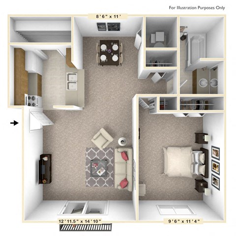 Floor plan for 1 bed, 1 bath, 625 sqft